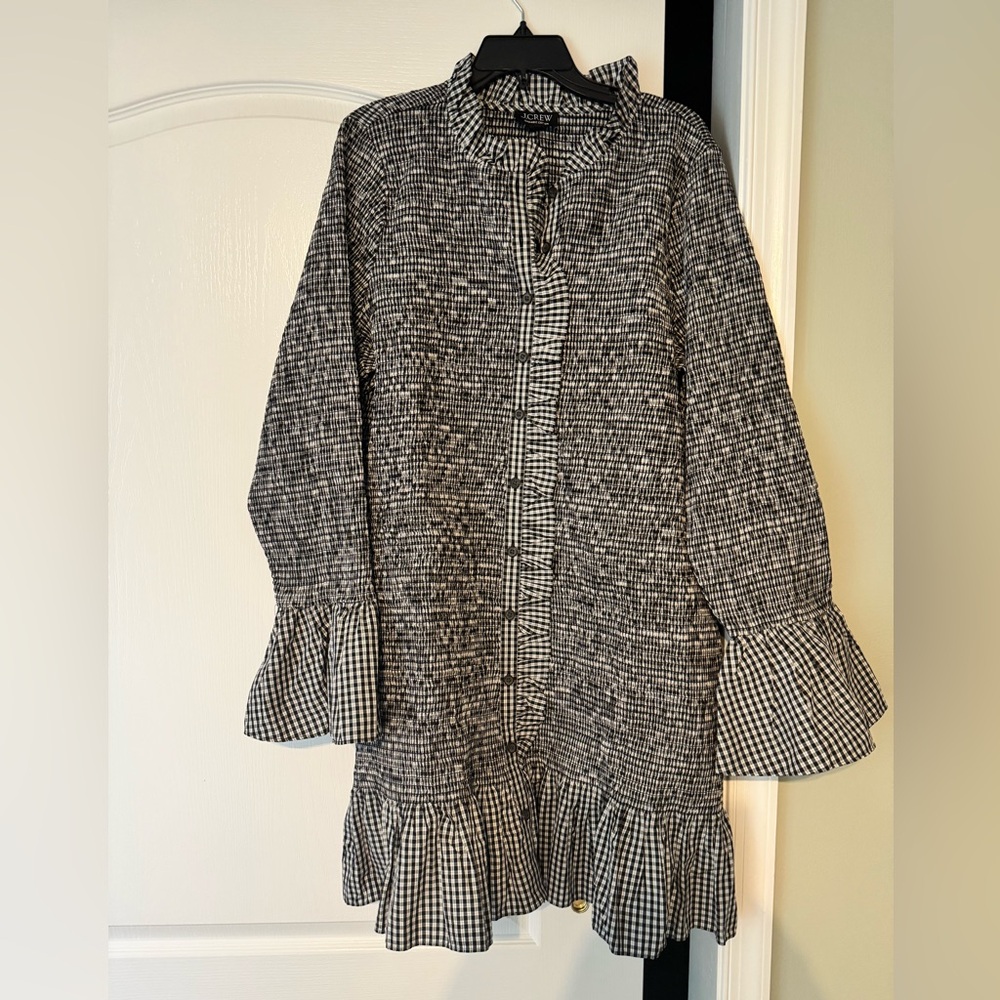 J. Crew Black and White Long Sleeve Ruched Bodice Dress